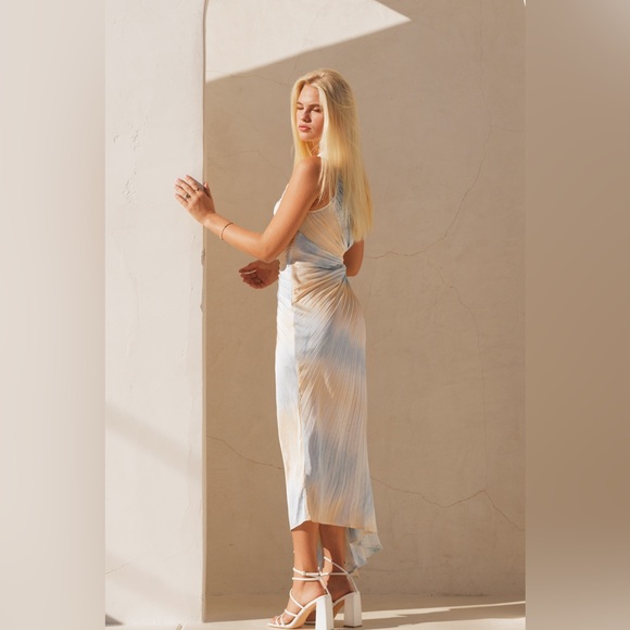 Pastel Printed Pleat Asymmetrical One Shoulder Midi Dress - Picture 4 of 7